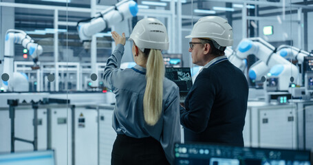 Leinwandbilder - Portrait of a Male Technician and Female Businesswoman in a Factory, Talking, Using Laptop Computer and Monitoring Production at a Modern Automated Electronics Manufacture with AI Robotic Arms