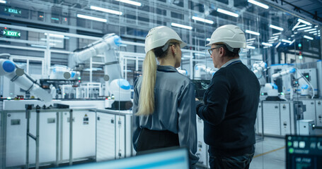 Fototapete - Young Engineer and Technician Having a Conversation and Using a Laptop Computer. Industrial Specialists Monitoring, Analyzing Conditions at a Modern Electronics Factory with Automated Assembly Line