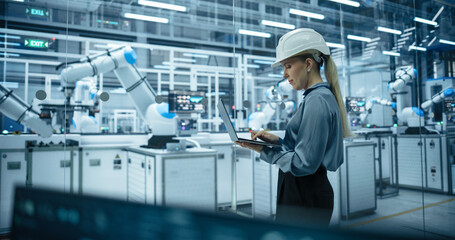 Fototapete - Computer Monitors Display Robotic Operations and Data Analytics. Female Engineer in a Hard Hat Working in an Industrial Facility, Using Laptop Computer to Monitor Robotic Arms in a Futuristic Factory