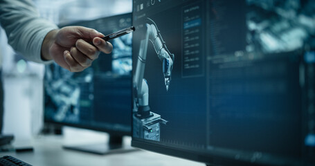 Fototapete - Administrator Pointing at a Desktop Monitor in a Modern Industrial Facility with Automated Robotic Arms. Anonymous Specialist Monitoring Circuit Board Assembly Line Conveyor and Optimizing Production