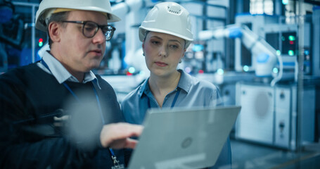 Fototapete - System Administrator and Technician Working at a Manufacturing Plant. Male Specialist Programming the Work of the Robotic Arms, Explaining Production on the Assembly Conveyor to a Female Colleague