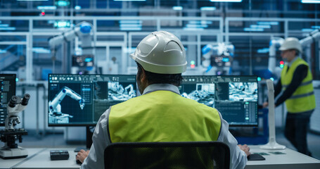 Fototapete - Indian Engineer Sitting Behind a Desk in a Modern Product Development Facility, Using Industrial Computer Software on Dual Screens, Monitoring Electronics Production Line with Robotic Arms. Back View