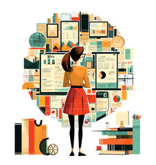 Fototapete - Woman data analyst cartoon vector concept. Female back view skirt character gathering files tables data charts infographics, round shape illustration isolated on white background