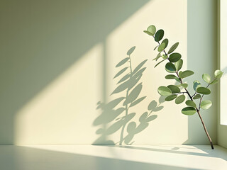 Poster - Serene indoor scene featuring a delicate plant with soft, warm light casting intricate shadows on the wall, creating a calming and natural atmosphere