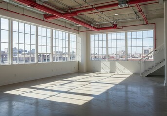 Poster - Empty loft space with large windows and red piping on the ceiling