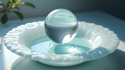 Poster - Serene Still Life, A Delicate Glass Orb Reflecting Tranquility, Captured in a Minimalist Composition with Subtle Reflections and Soft, Ambient Lighting