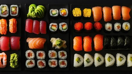 Aufkleber - Various types of sushi arranged on a black tray