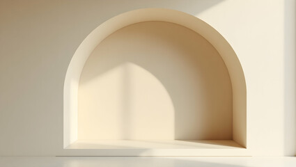 Poster - Serene Vanilla Cream Alcove, A Minimalist Stucco Archway Bathed in Gentle Sunlight, Perfect for Displaying Art or Products in a Calm and Elegant Environment