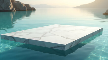 Poster - Serene White Marble Platform Floating on Tranquil Water with Distant Mountains a Polished Stone Surface Reflecting the Sky offering a Minimalist Aesthetic