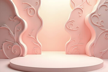 Poster - Soft Pastel Pink Abstract, Undulating Wall Structures and Elegant Floral Ornaments for Delicate Product Displays and Dreamy Interior Designs, Ideal for Minimalist Aesthetics