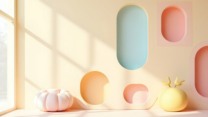Poster - Soft pastel room design with rounded windows and playful shapes, creating a serene and whimsical atmosphere for home decor and abstract art enthusiasts