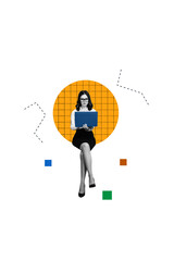 Poster - Picture vertical collage of successful working lady entrepreneur sitting writing texting sms wireless netbook wifi connection