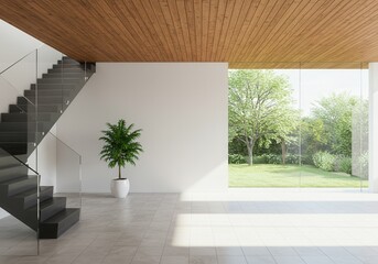 Poster - Modern interior featuring stairs plant and view of garden through large window