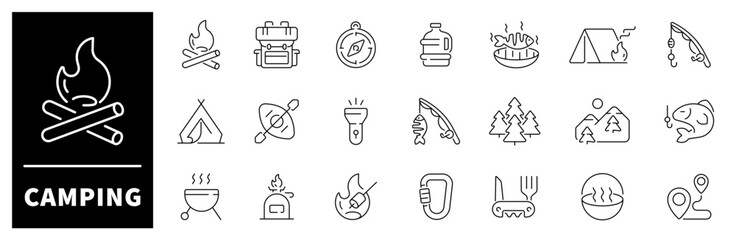 Poster - Camping vector icons. Camping icon set. Holiday, vacation, hiking, fishing, travel, camping related icons. Thin line editable stroke