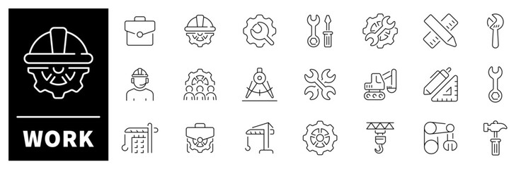Poster - Work vector icon set. Work, job thin line icon collection. Work, job, working, workplace, worker thin line icon collection. Editable stroke vector icons