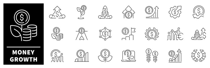 Poster - Money growth vector icons set. Financial profit icons in line style. Money income growth vector icons. Money, savings, finance, growth, investment, payment, earnings, income icons