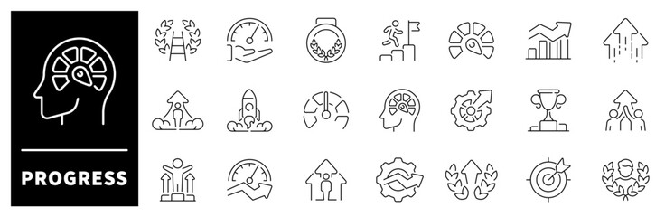 Poster - Progress vector icons. Progress thin line icons collection. Creativity, skill, strategy, startup, management, performance, increase, process, improvement, progress