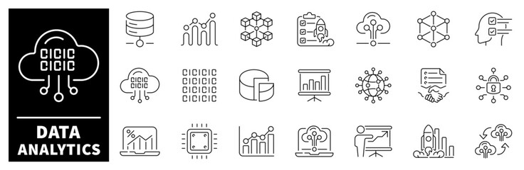 Poster - Data analytics vector icons. Set of thin line icons related to data analytics. Database, statistics, analytics, server, monitoring, computing, network, analytics icons