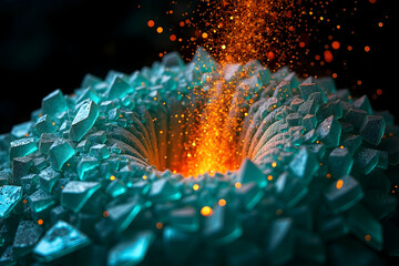 Poster - striking visual, jagged teal glass polygons bursting with fiery orange light, an abstract display of