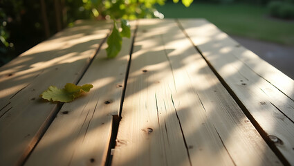 Poster - Sun-Kissed Wooden Tabletop, A Detailed Look at Weathered Texture and Intricate Grain Patterns, Perfect for Rustic Themes or Nature-Inspired Backgrounds on Bright Sunny Day