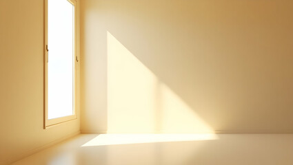 Poster - Sunlit beige minimalist room with a tall skinny window casting geometric shadows creating a serene and modern interior aesthetic showcasing light and simplicity