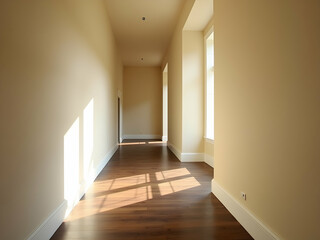 Poster - Sunlit Elegance, A softly lit corridor with walls adorned in a neutral tone, revealing architectural beauty and inviting ambiance in a residential space