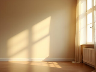 Poster - Sunlit Serenity, Warm Vanilla Cream Walls with Subtle Gradient Transitions Casting Shadows in a Minimalist Interior Space Creating an Atmospheric Ambiance