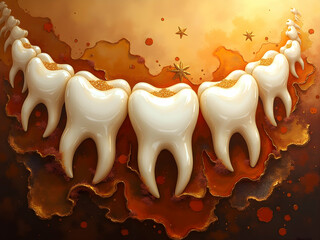 Poster - Surreal Dentalscape, A Luminous Abstract Depiction of Teeth Amidst Golden Hues and Starburst Accents, Evoking Health, Beauty, and Mystical Oral Care Visions
