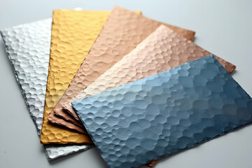 Poster - Textured Metallic Sheets in Silver, Gold, Copper and Blue Tones, a flat lay arrangement featuring embossed metal samples in a variety of colors