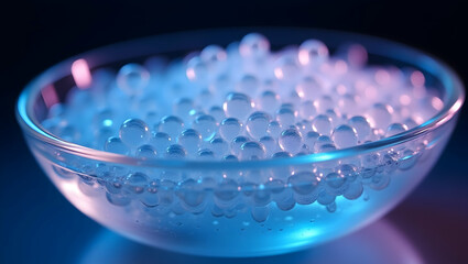 Poster - Translucent spheres in a glass bowl, illuminated from behind, create a mesmerizing abstract scene, showcasing texture, light, and delicate forms, modern art