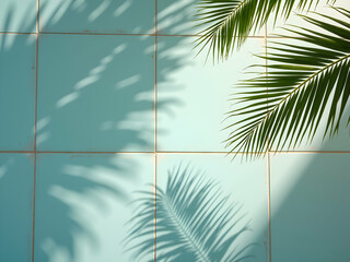 Poster - Tropical Tranquility, A Captivating Dance of Palm Fronds and Shadows on Serene Aqua Tiles Creating a Refreshing Oasis of Calm and Natural Beauty