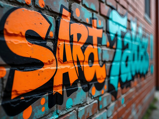 Poster - Vibrant Graffiti Art, A Dramatic Close-Up of Bold Orange and Turquoise Lettering on a Weathered Brick Wall, Expressing Urban Creativity and Modern Artistic Flair