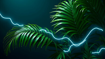 Poster - vibrant neon line weaving through lush green tropical leaves, a stunning fusion of technology and na