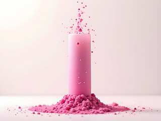 Poster - Vibrant Pink Powder Composition, A Symmetrical Column with Delicate Particles Showcasing Precision and Artistic Beauty in a Minimalist Style