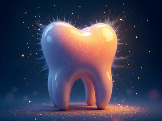 Poster - Vibrant Whimsical Illustration, A Glowing Molar with an Ethereal Explosion of Light and Sparkles Creating a Mesmerizing Dental Dreamscape