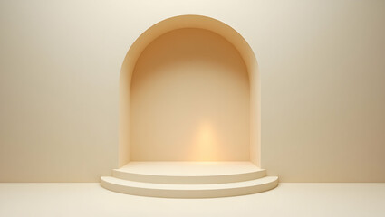 Poster - Warm and Inviting Beige Plaster Alcove with Steps, Perfect for Product Display or a Minimalist Interior Design Element, Offering a Serene and Clean Aesthetic