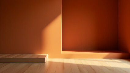 Poster - Warm Earthy Minimalist Interior with Soft Clay Orange Walls, Recessed Area, Gentle Illumination, and Wooden Floor Creating a Serene and Inviting Ambience