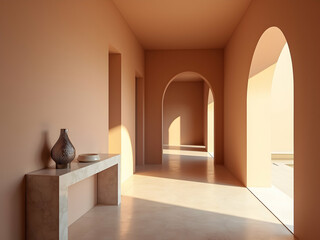 Poster - Warm serene plaster corridor with arches and sunlight creating a sense of spaciousness and simple elegance in interior design concept