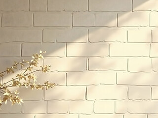 Aufkleber - Warm soft matte ivory brick wall with subtle texture and a delicate floral branch casting gentle shadows creates a soothing and visually appealing backdrop