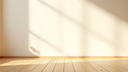 Poster - Warm, Inviting Interior Space, Soft Light on Bleached Wood Floor, Weathered Texture, Minimalist Room with Sunlight Casting Gentle Shadows for a Calming Ambiance