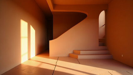 Poster - Warmly Lit Terracotta Corridor with Architectural Curves and Natural Light Creating a Serene and Visually Appealing Interior Space for Modern Living