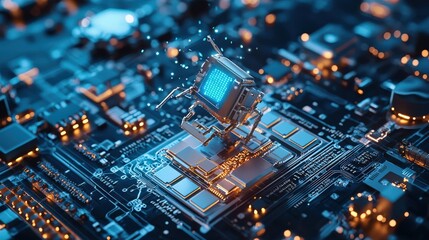 Aufkleber - A satellite communications center powered by AI-driven microprocessor algorithms,Transition to Microprocessors