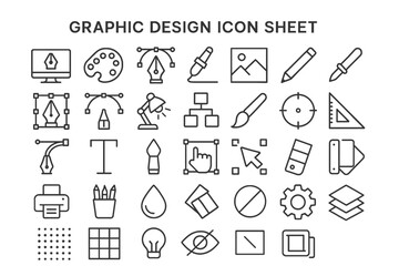 Poster - Essential Graphic Design Toolkit: A comprehensive collection of graphic design icons, meticulously designed to represent the core elements and tools used in visual communication and creative projects.