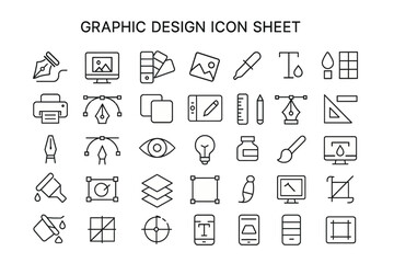Poster - Graphic Design Icon Set: A comprehensive collection of line art icons representing various tools and elements used in graphic design, perfect for illustrating design concepts and workflows.