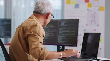 Developer software programmer computer coding screen working technology engineering monitor at modern workspace