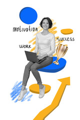 Poster - 3d retro abstract creative artwork template collage of cheerful smiling lady working modern gadget isolated painting background
