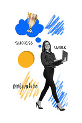 Aufkleber - Photo collage artwork minimal picture of smiling lady working modern device dreaming win start up isolated creative background