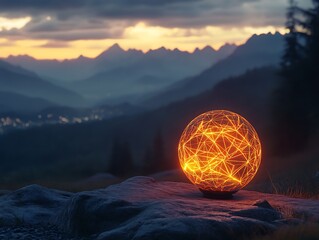 Poster - Ethereal sphere emits radiant glow atop rugged terrain amidst misty peaks