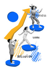 Poster - Vertical collage of black white gamma mini people loudspeaker big growing arrow work motivation success isolated on checkered page background