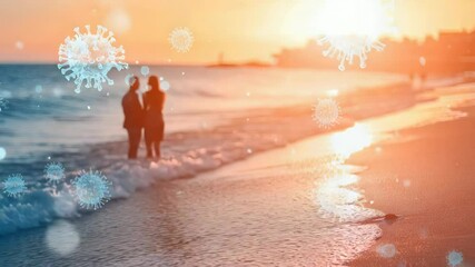 Poster - Two people stand on a beach as the sun sets in the sky